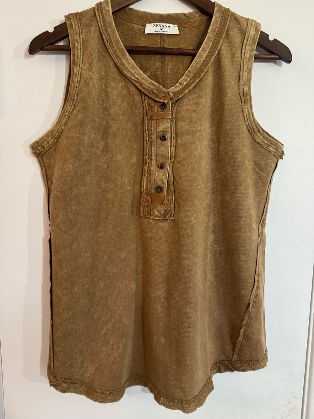 Zenana Outfitters Washed Tan Sleeveless Henley Tank